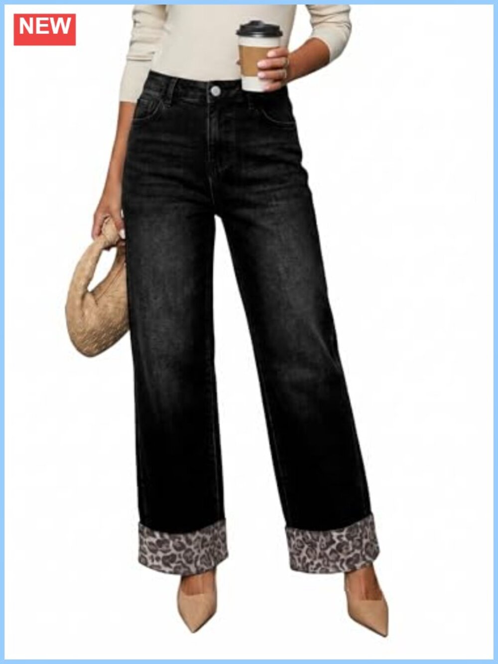 Wide Leg Leopard Jeans High Waisted Stretch Denim Pants